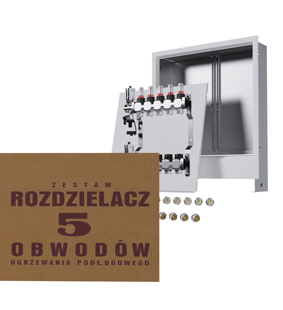 Rozdzielacz nierdzewny 5-obwodowy + złączki PEX + Skrzynka Podtynkowa - Wysyłka24h