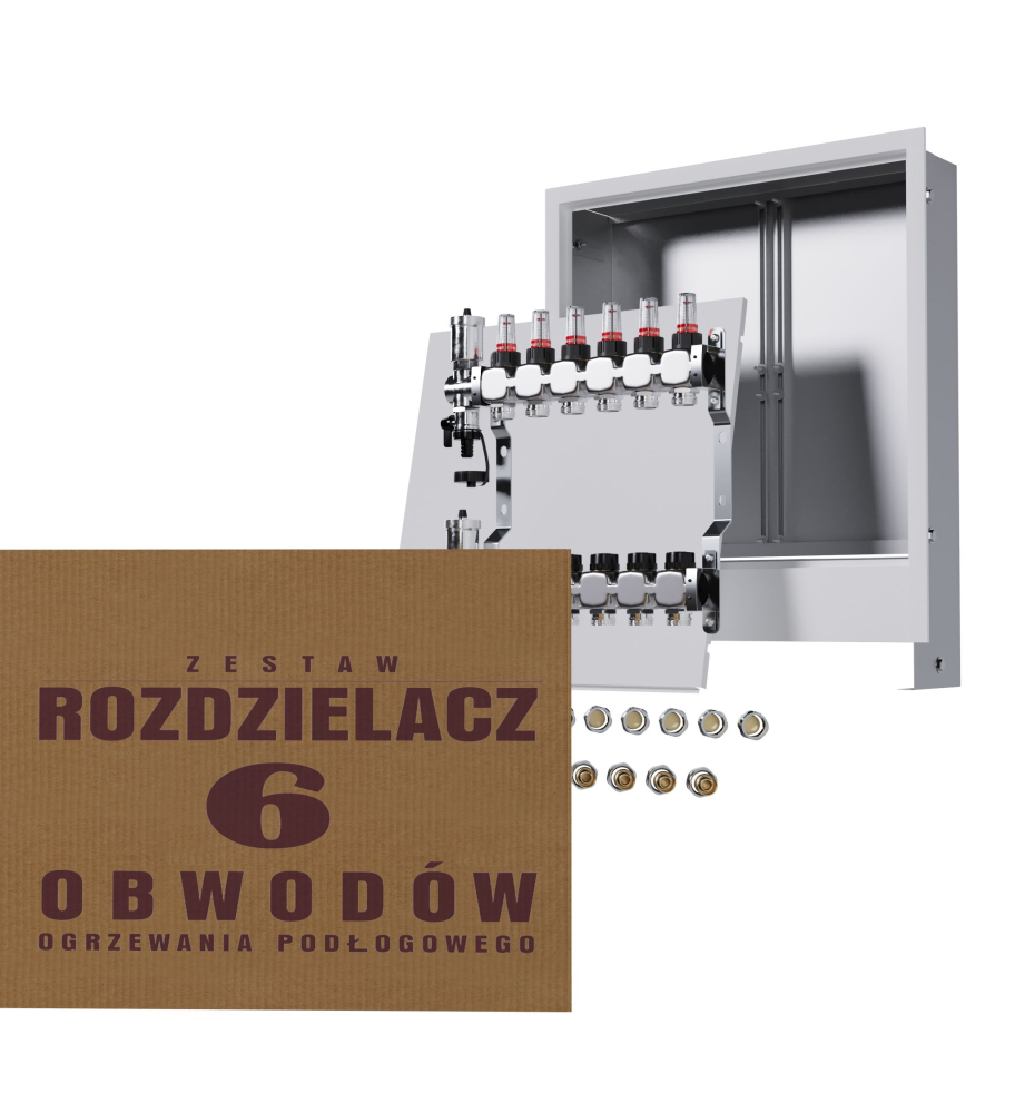 Rozdzielacz nierdzewny 6-obwodowy + złączki PEX + Skrzynka Podtynkowa - Wysyłka24h