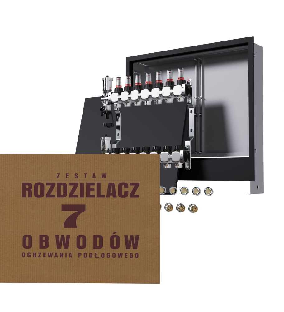 Rozdzielacz nierdzewny 7-obwodowy + złączki PEX + Skrzynka Podtynkowa - Wysyłka24h