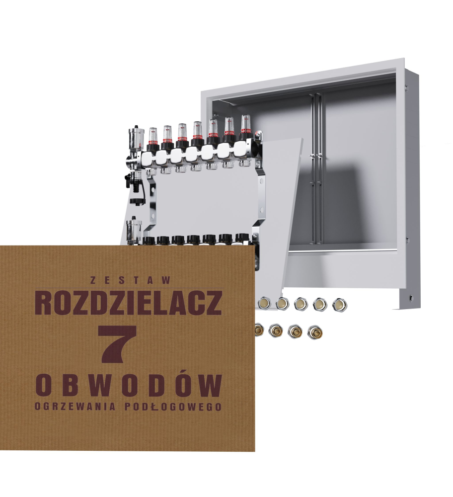 Rozdzielacz nierdzewny 7-obwodowy + złączki PEX + Skrzynka Podtynkowa - Wysyłka24h