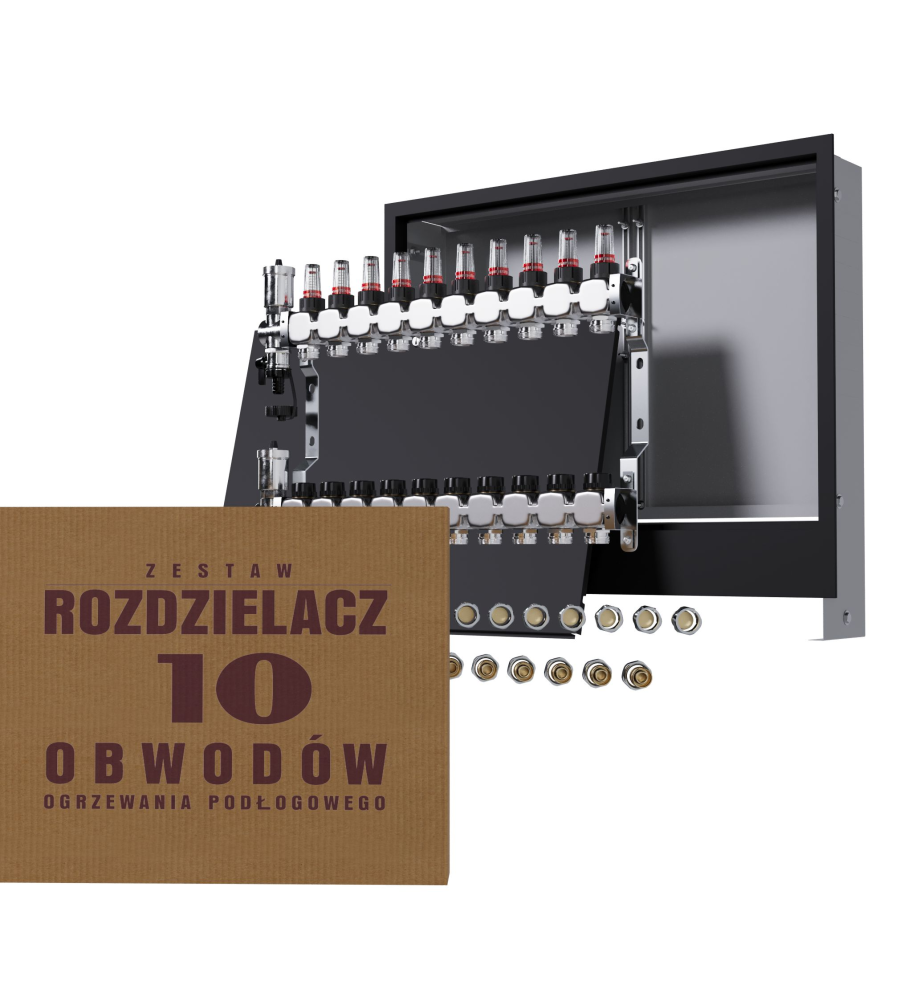 Rozdzielacz nierdzewny 10-obwodowy + złączki PEX + Skrzynka Podtynkowa - Wysyłka24h