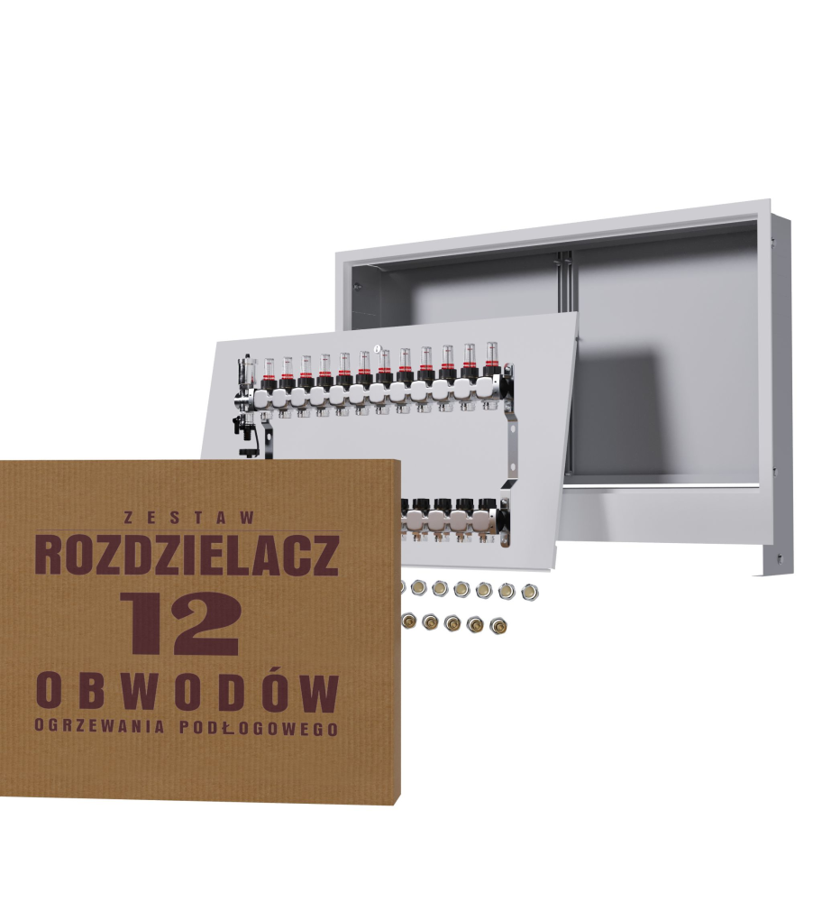 Rozdzielacz nierdzewny 12-obwodowy + złączki PEX + Skrzynka Podtynkowa - Wysyłka24h
