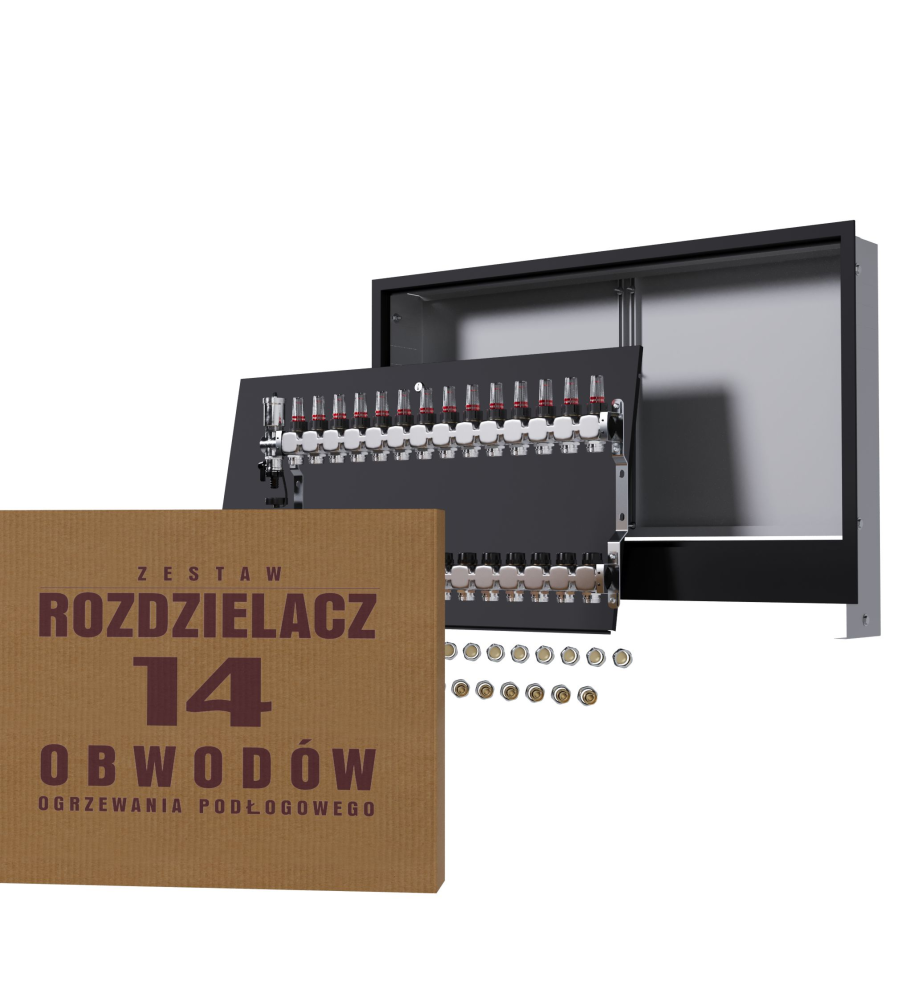 Rozdzielacz nierdzewny 14-obwodowy + złączki PEX + Skrzynka Podtynkowa - Wysyłka24h