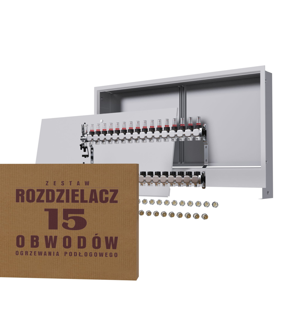 Rozdzielacz nierdzewny 15-obwodowy + złączki PEX + Skrzynka Podtynkowa - Wysyłka24h