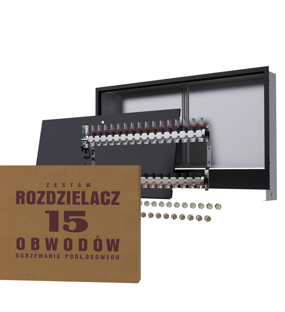 Rozdzielacz nierdzewny 15-obwodowy + złączki PEX + Skrzynka Podtynkowa - Wysyłka24h