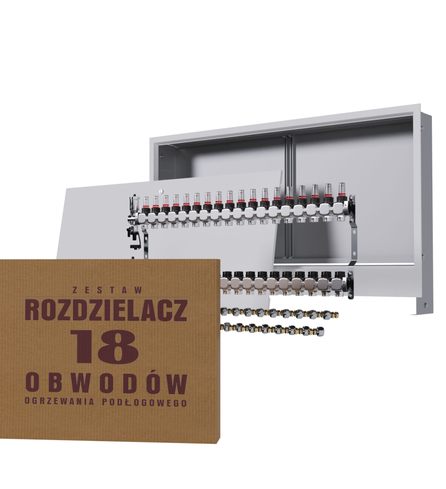 Rozdzielacz nierdzewny 18-obwodowy + złączki PEX + Skrzynka Podtynkowa - Wysyłka24h