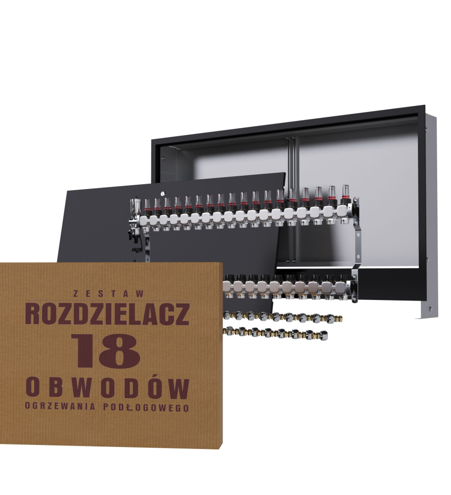 Rozdzielacz nierdzewny 18-obwodowy + złączki PEX + Skrzynka Podtynkowa - Wysyłka24h