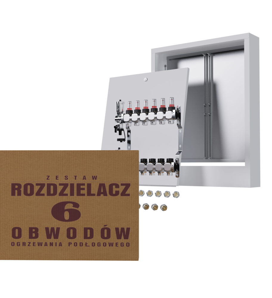 Rozdzielacz nierdzewny 6-obwodowy + złączki PEX + Skrzynka Natynkowa - Wysyłka24h