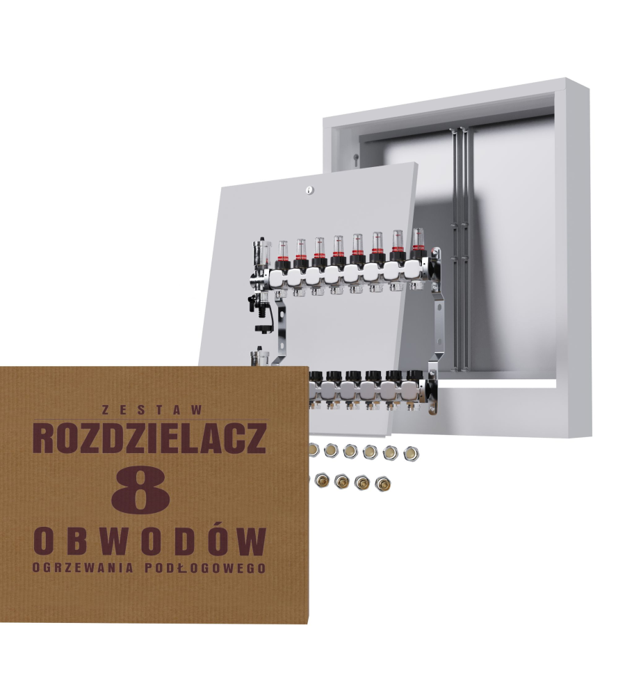 Rozdzielacz nierdzewny 8-obwodowy + złączki PEX + Skrzynka Natynkowa - Wysyłka24h