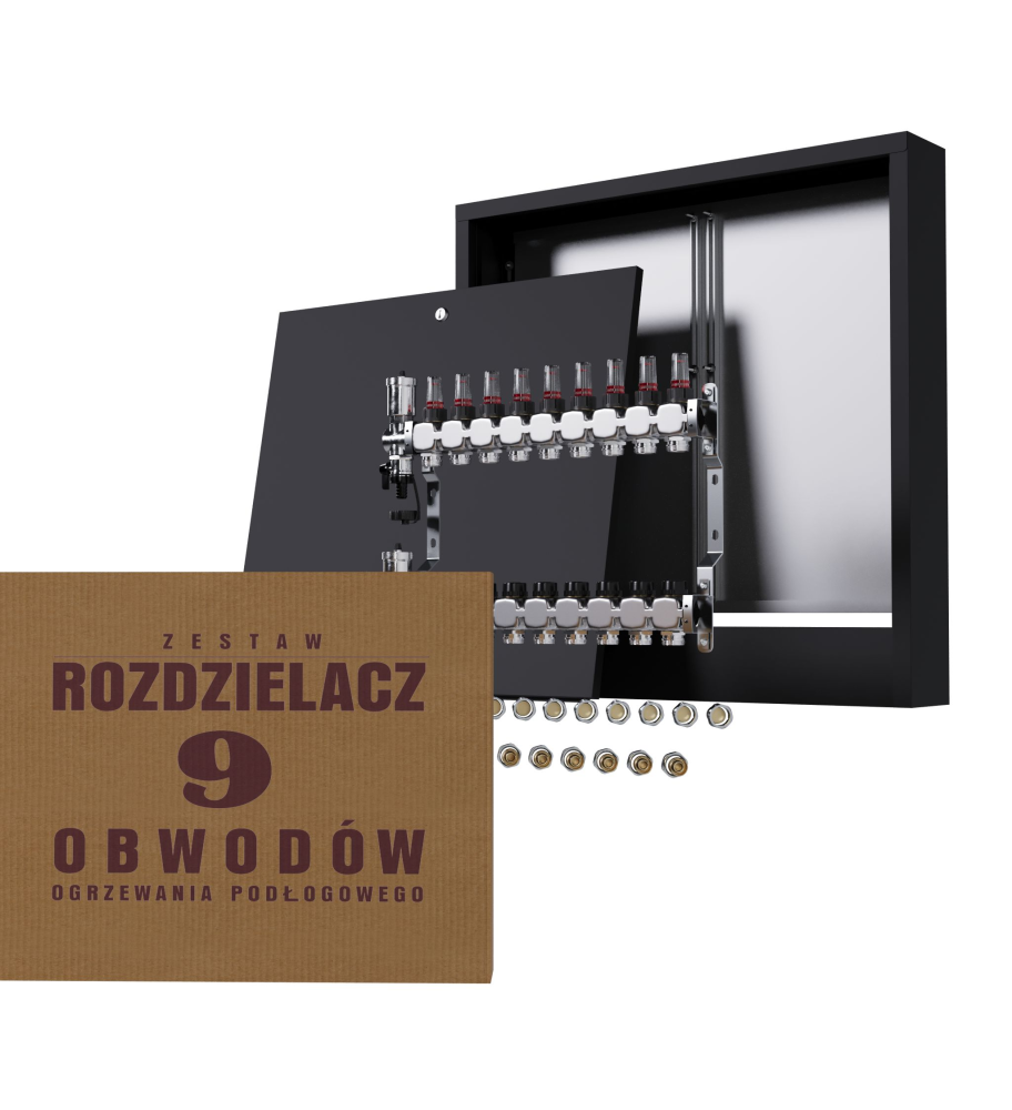 Rozdzielacz nierdzewny 9-obwodowy + złączki PEX + Skrzynka Natynkowa - Wysyłka24h