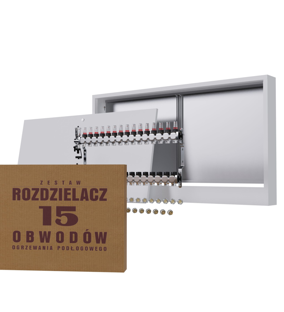 Rozdzielacz nierdzewny 15-obwodowy + złączki PEX + Skrzynka Natynkowa - Wysyłka24h