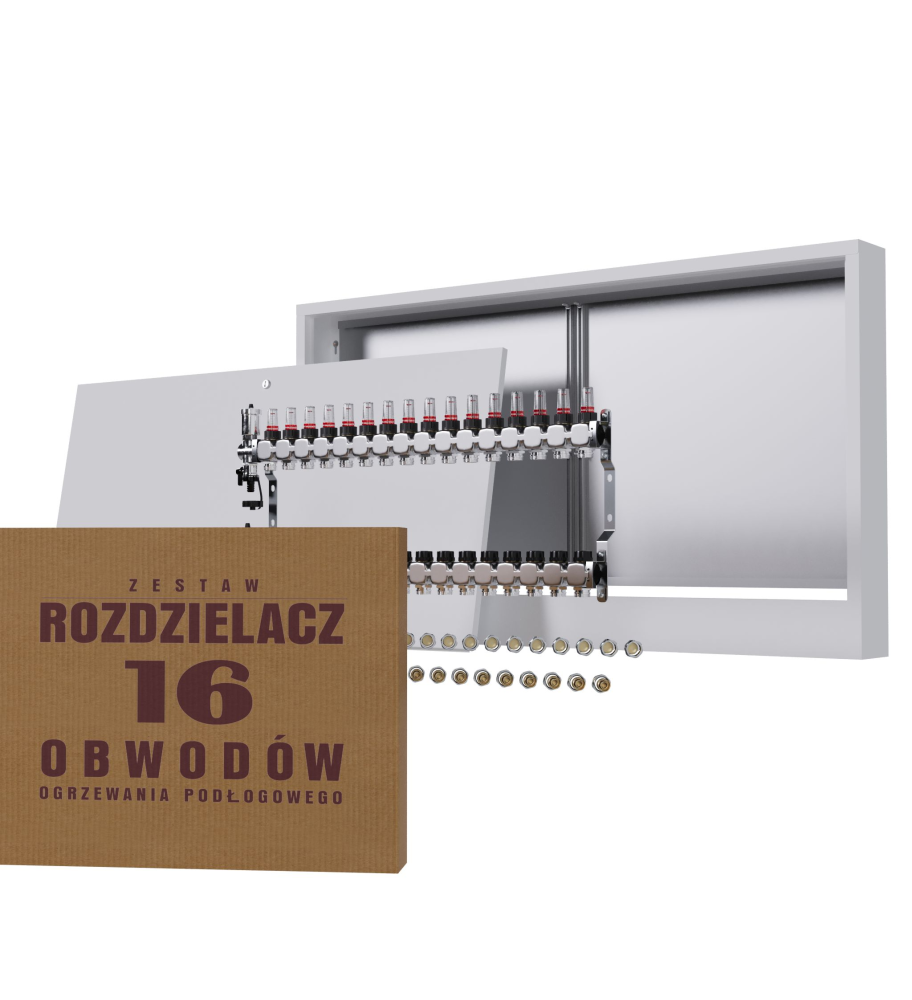 Rozdzielacz nierdzewny 16-obwodowy + złączki PEX + Skrzynka Natynkowa - Wysyłka24h