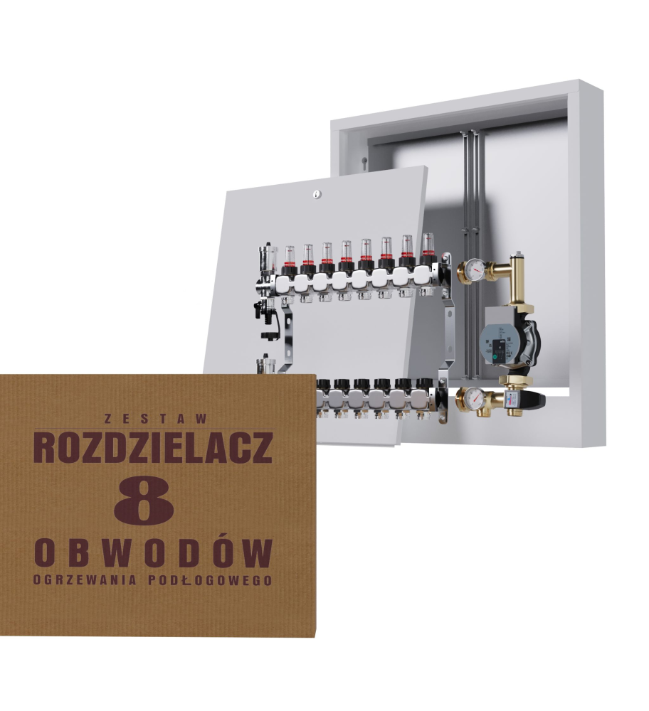 Rozdzielacz nierdzewny 8-obwodowy + Grupa pompowa WILO + Skrzynka natynkowa - Wysyłka24h