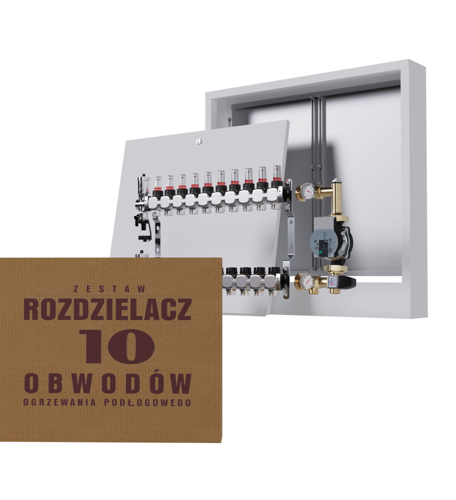 Rozdzielacz nierdzewny 10-obwodowy + Grupa pompowa WILO + Skrzynka natynkowa - Wysyłka24h