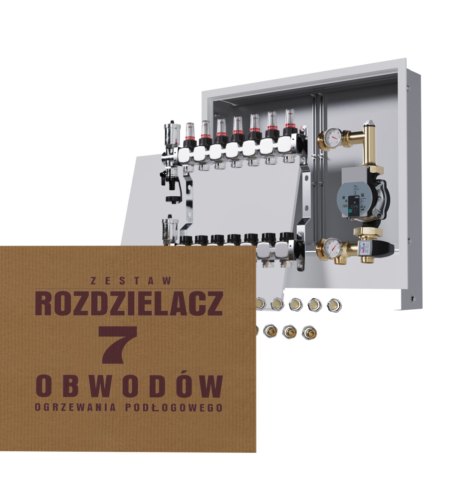 Rozdzielacz nierdzewny 7-obwodowy + Pompa WILO + złączki + Skrzynka Podtynkowa - Wysyłka24h