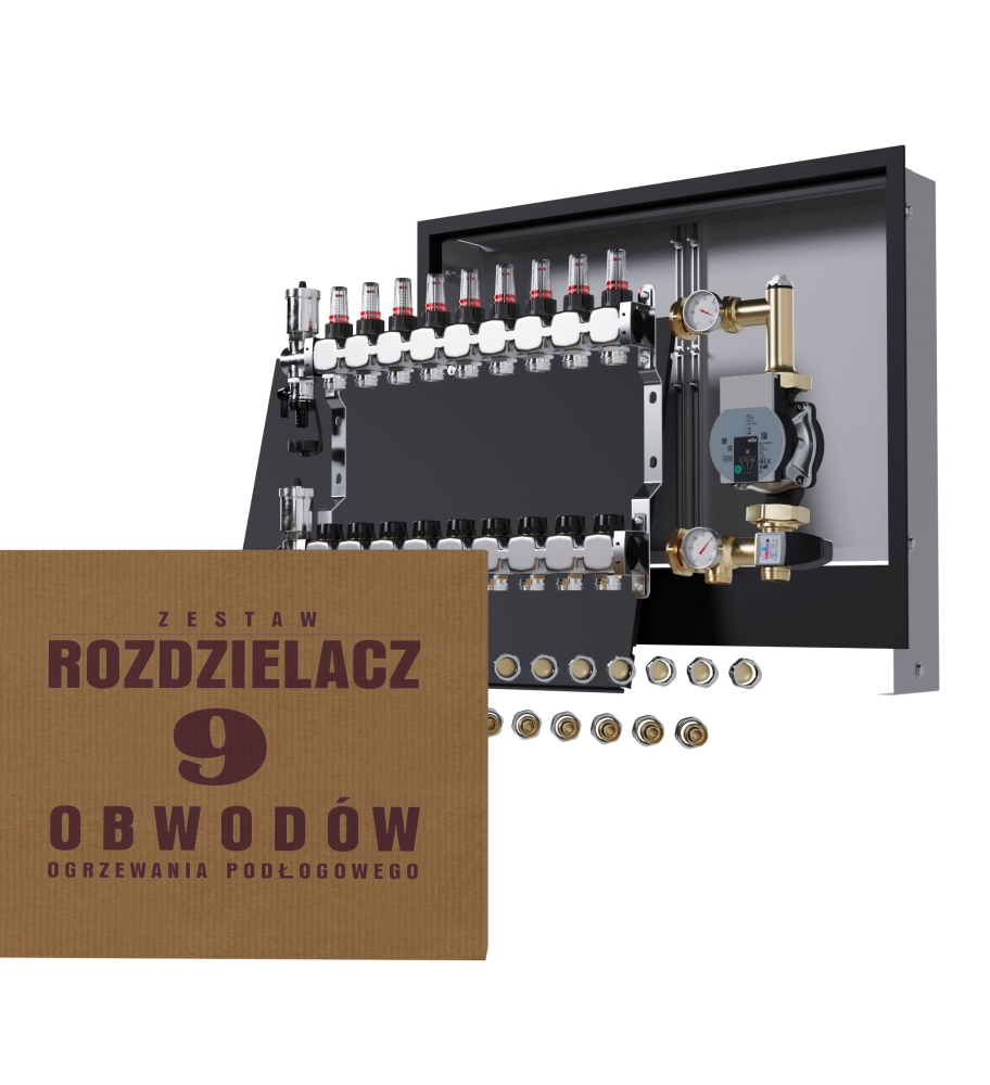 Rozdzielacz nierdzewny 9-obwodowy + Pompa WILO + złączki + Skrzynka Podtynkowa - Wysyłka24h