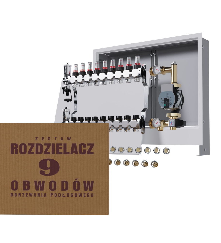 Rozdzielacz nierdzewny 9-obwodowy + Pompa WILO + złączki + Skrzynka Podtynkowa - Wysyłka24h