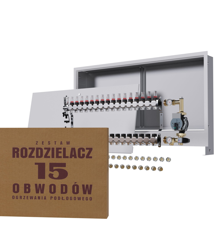 Rozdzielacz nierdzewny 15-obwodowy + Pompa WILO + złączki + Skrzynka Podtynkowa - Wysyłka24h