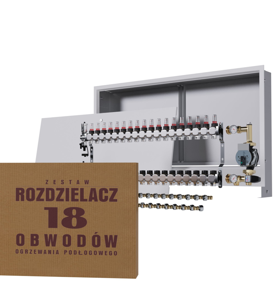 Rozdzielacz nierdzewny 18-obwodowy + Pompa WILO + złączki + Skrzynka Podtynkowa - Wysyłka24h