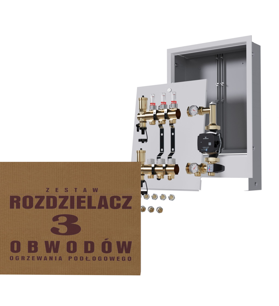 Rozdzielacz nierdzewny 3-obwodowy + Pompa GRUNDFOS + złączki + Skrzynka Podtynkowa - Wysyłka24h