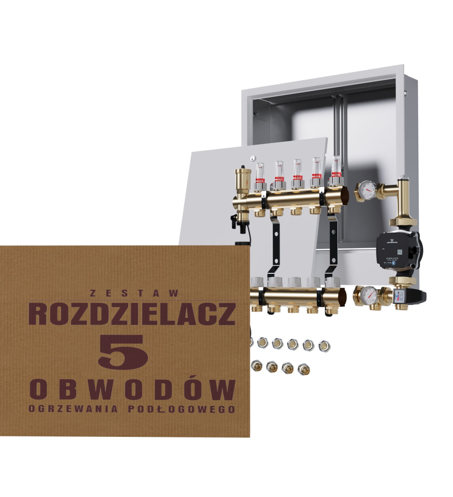 Rozdzielacz nierdzewny 5-obwodowy + Pompa GRUNDFOS + złączki + Skrzynka Podtynkowa - Wysyłka24h
