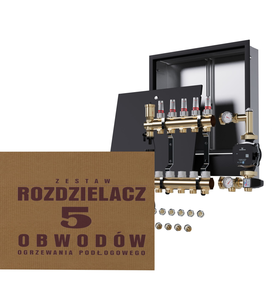 Rozdzielacz nierdzewny 5-obwodowy + Pompa GRUNDFOS + złączki + Skrzynka Podtynkowa - Wysyłka24h