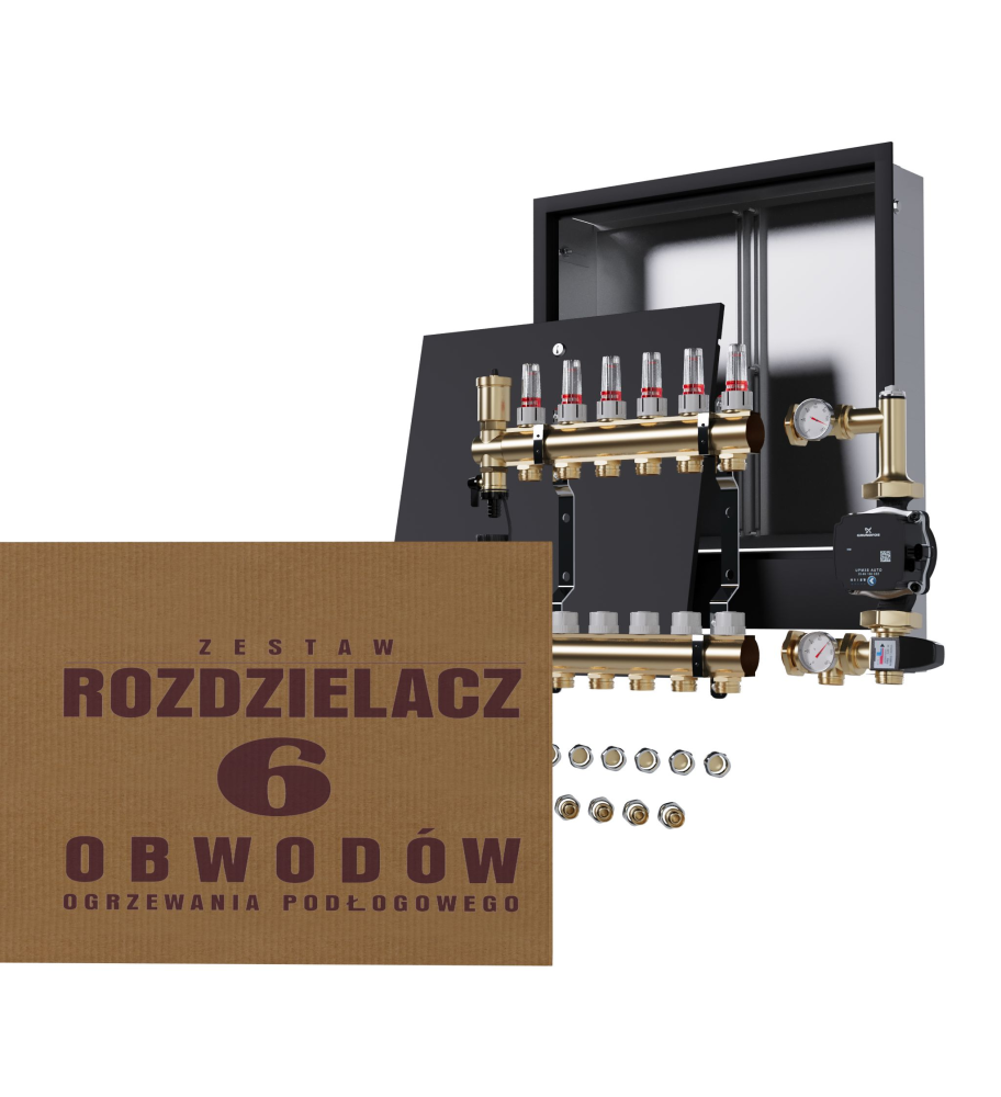 Rozdzielacz nierdzewny 6-obwodowy + Pompa GRUNDFOS + złączki + Skrzynka Podtynkowa - Wysyłka24h