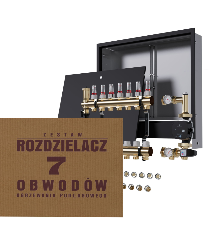 Rozdzielacz nierdzewny 7-obwodowy + Pompa GRUNDFOS + złączki + Skrzynka Podtynkowa - Wysyłka24h