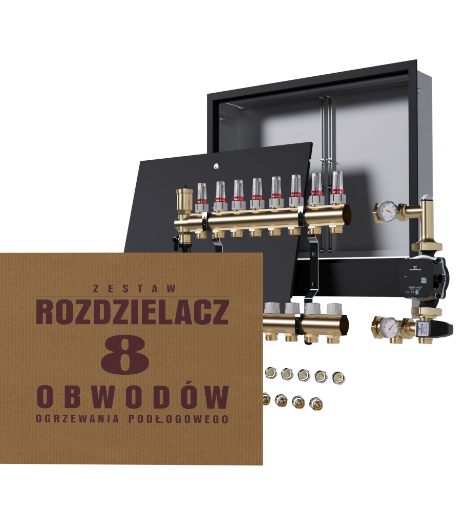 Rozdzielacz nierdzewny 8-obwodowy + Pompa GRUNDFOS + złączki + Skrzynka Podtynkowa - Wysyłka24h