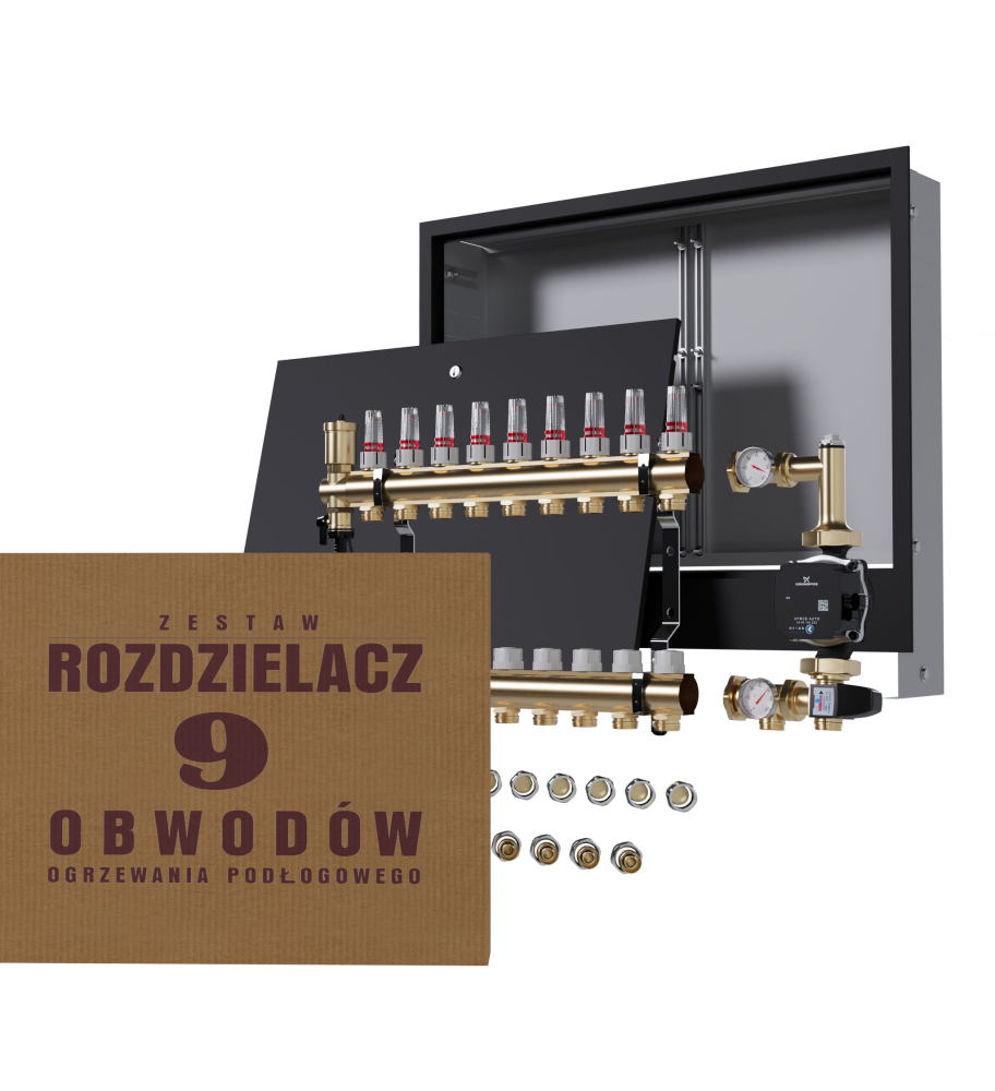 Rozdzielacz nierdzewny 9-obwodowy + Pompa GRUNDFOS + złączki + Skrzynka Podtynkowa - Wysyłka24h