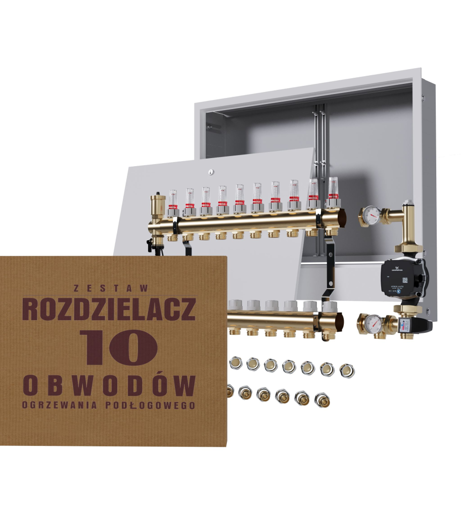 Rozdzielacz nierdzewny 10-obwodowy + Pompa GRUNDFOS + złączki + Skrzynka Podtynkowa - Wysyłka24h
