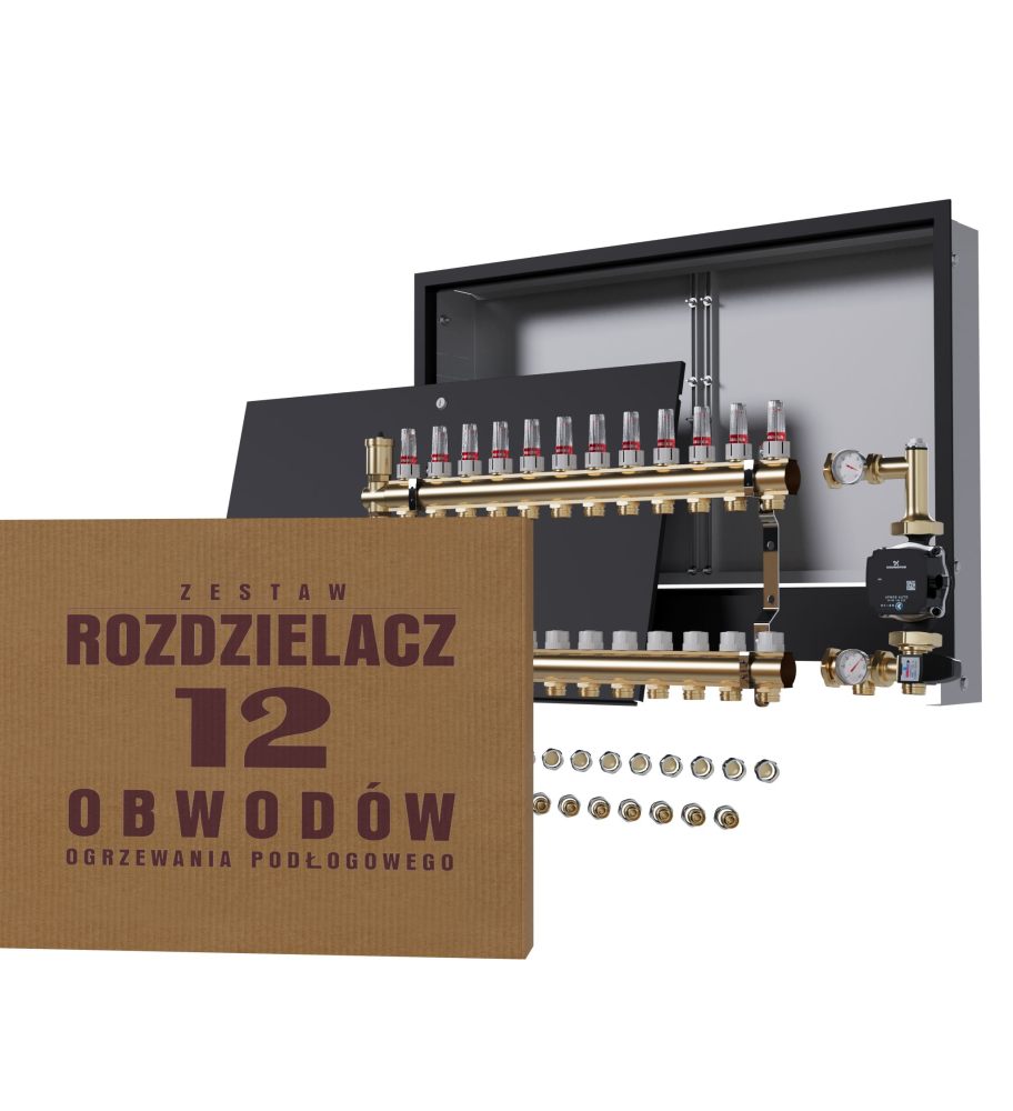 Rozdzielacz nierdzewny 12-obwodowy + Pompa GRUNDFOS + złączki + Skrzynka Podtynkowa - Wysyłka24h
