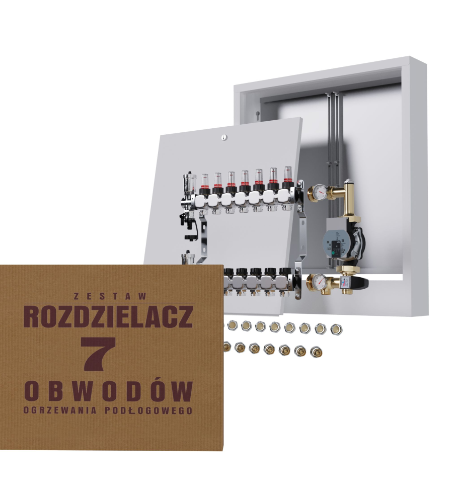 Rozdzielacz nierdzewny 7-obwodowy + Pompa WILO + złączki + Skrzynka Natynkowa - Wysyłka24h