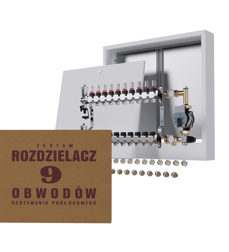 Rozdzielacz nierdzewny 9-obwodowy + Pompa WILO + złączki + Skrzynka Natynkowa - Wysyłka24h