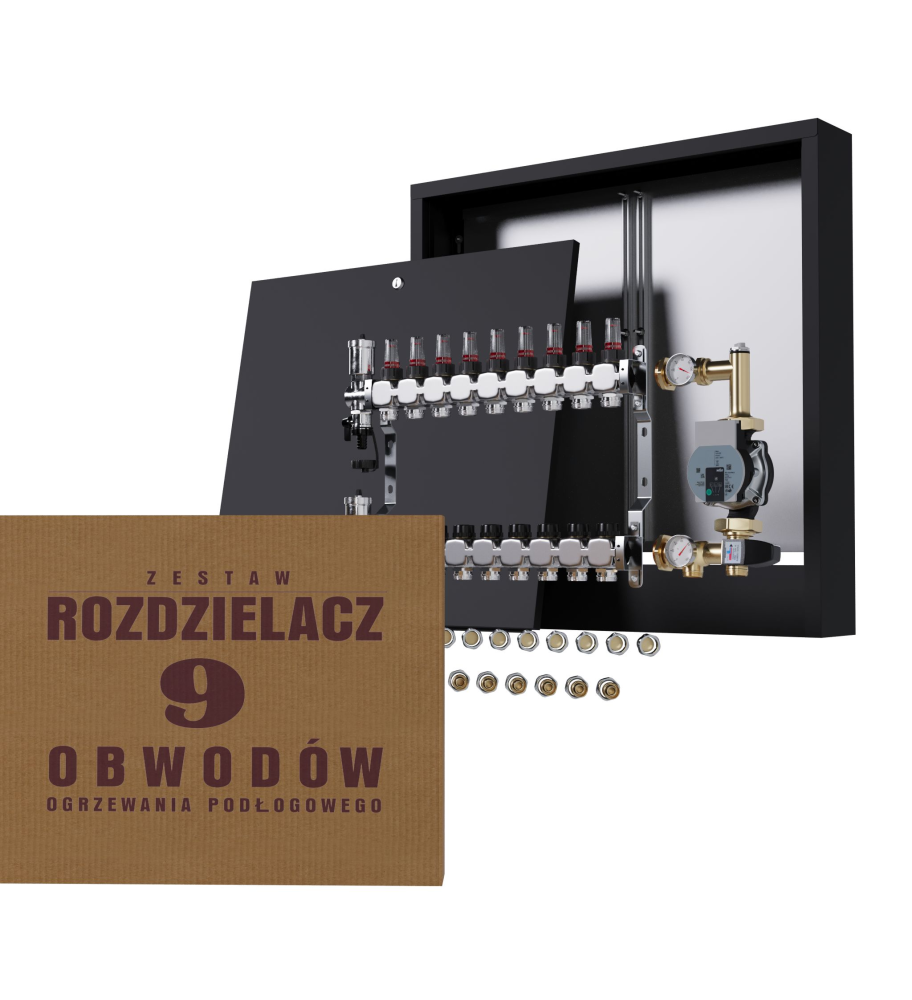 Rozdzielacz nierdzewny 9-obwodowy + Pompa WILO + złączki + Skrzynka Natynkowa - Wysyłka24h