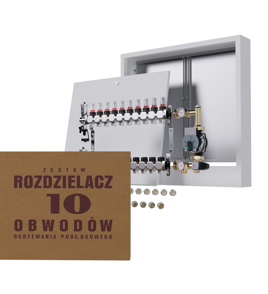 Rozdzielacz nierdzewny 10-obwodowy + Pompa WILO + złączki + Skrzynka Natynkowa - Wysyłka24h