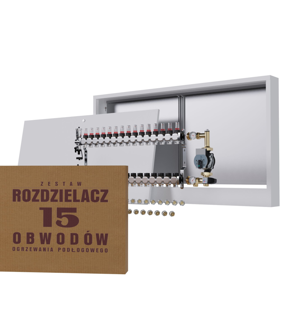 Rozdzielacz nierdzewny 15-obwodowy + Pompa WILO + złączki + Skrzynka Natynkowa - Wysyłka24h
