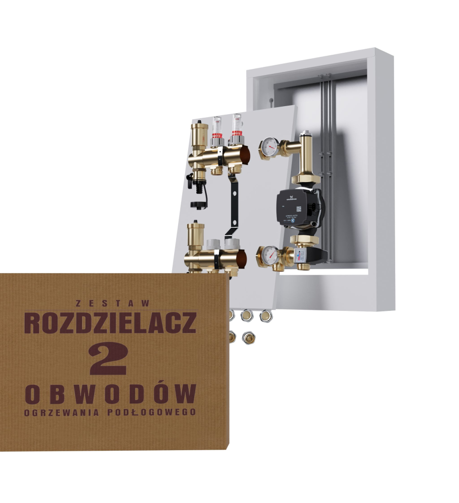 Rozdzielacz nierdzewny 2-obwodowy + Pompa GRUNDFOS + złączki + Skrzynka Natynkowa - Wysyłka24h