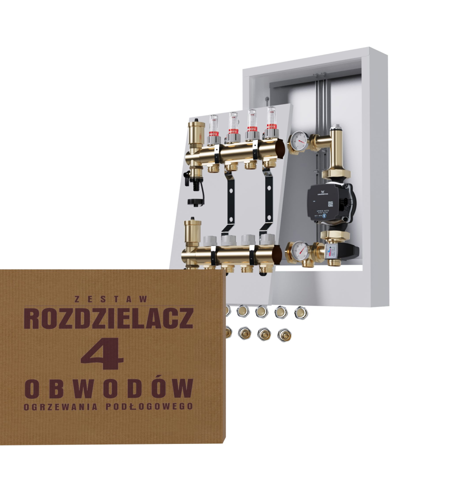 Rozdzielacz nierdzewny 4-obwodowy + Pompa GRUNDFOS + złączki + Skrzynka Natynkowa - Wysyłka24h