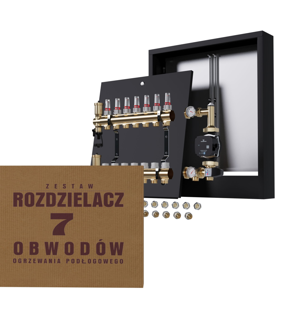 Rozdzielacz nierdzewny 7-obwodowy + Pompa GRUNDFOS + złączki + Skrzynka Natynkowa - Wysyłka24h