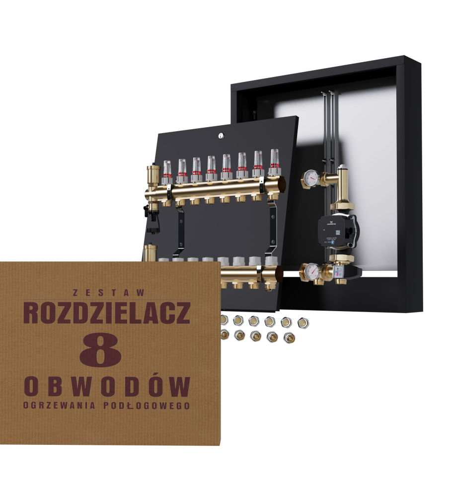 Rozdzielacz nierdzewny 8-obwodowy + Pompa GRUNDFOS + złączki + Skrzynka Natynkowa - Wysyłka24h