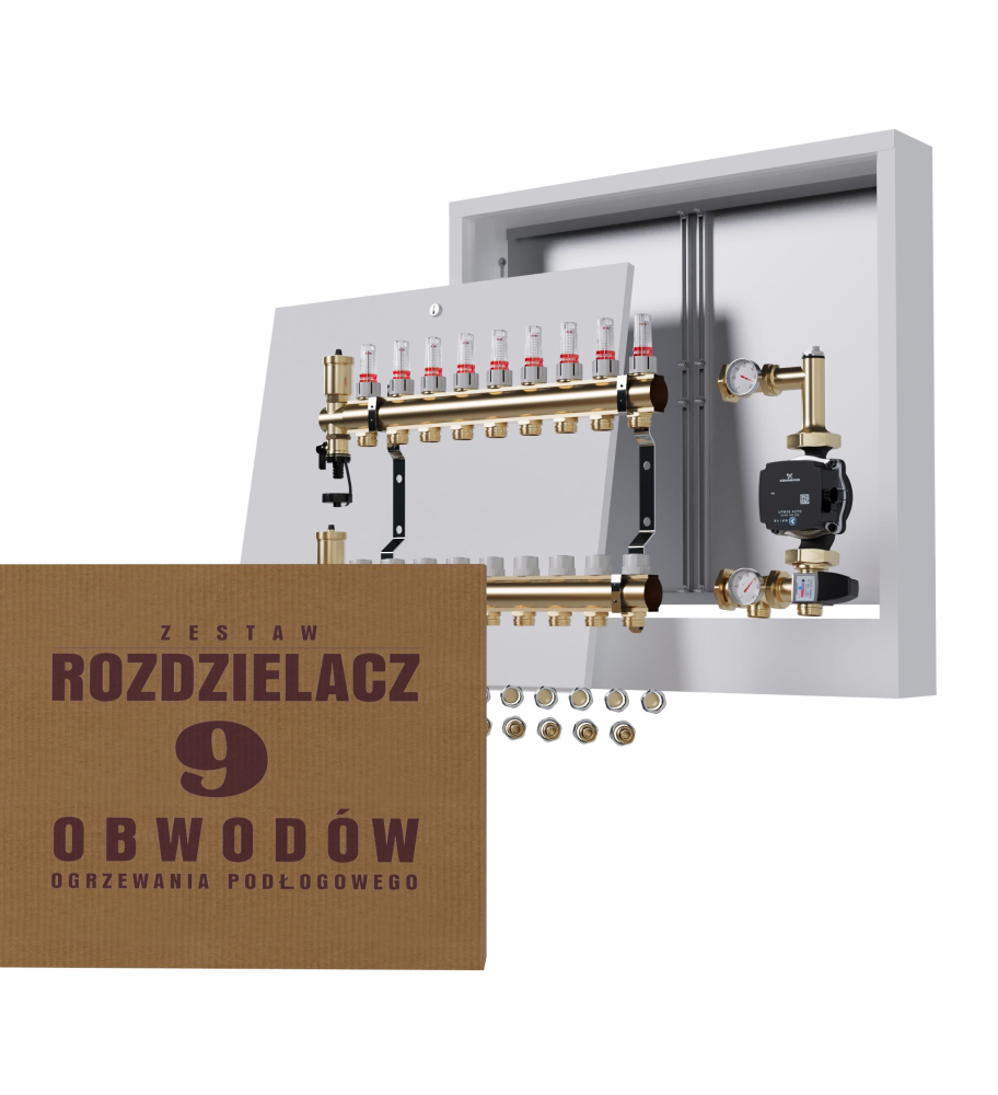 Rozdzielacz nierdzewny 9-obwodowy + Pompa GRUNDFOS + złączki + Skrzynka Natynkowa - Wysyłka24h