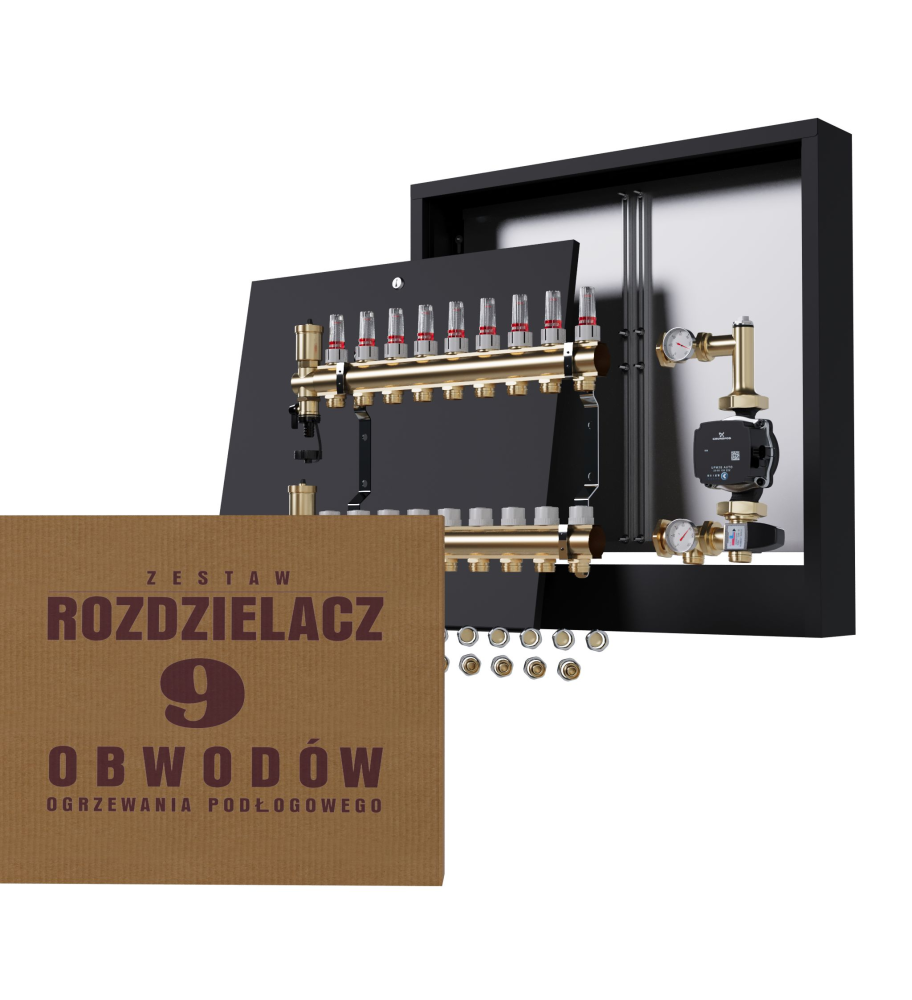 Rozdzielacz nierdzewny 9-obwodowy + Pompa GRUNDFOS + złączki + Skrzynka Natynkowa - Wysyłka24h