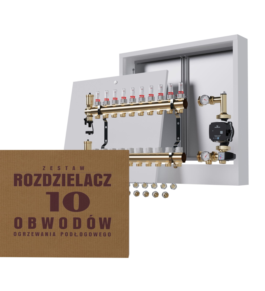 Rozdzielacz nierdzewny 10-obwodowy + Pompa GRUNDFOS + złączki + Skrzynka Natynkowa - Wysyłka24h
