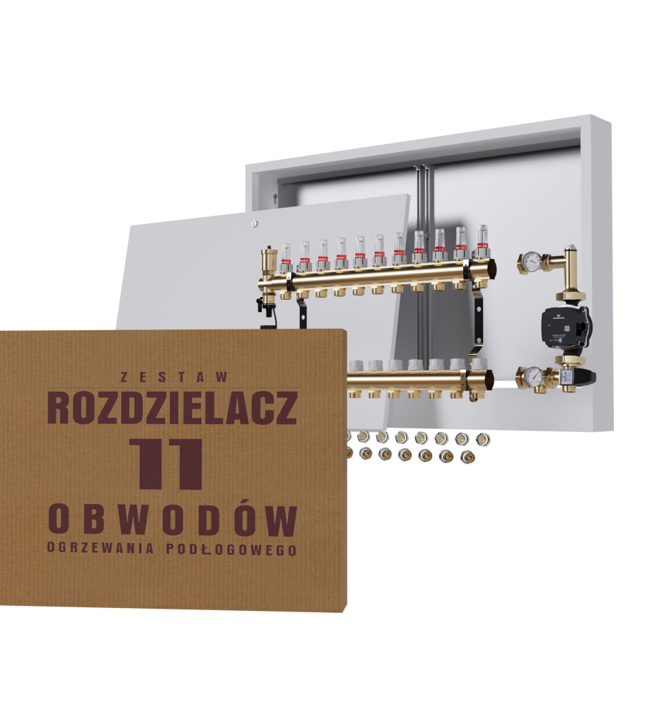 Rozdzielacz nierdzewny 11-obwodowy + Pompa GRUNDFOS + złączki + Skrzynka Natynkowa - Wysyłka24h