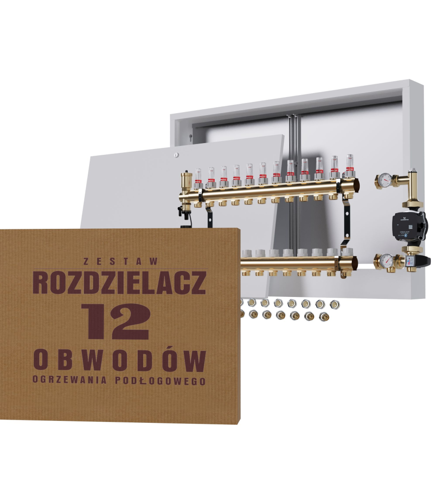 Rozdzielacz nierdzewny 12-obwodowy + Pompa GRUNDFOS + złączki + Skrzynka Natynkowa - Wysyłka24h