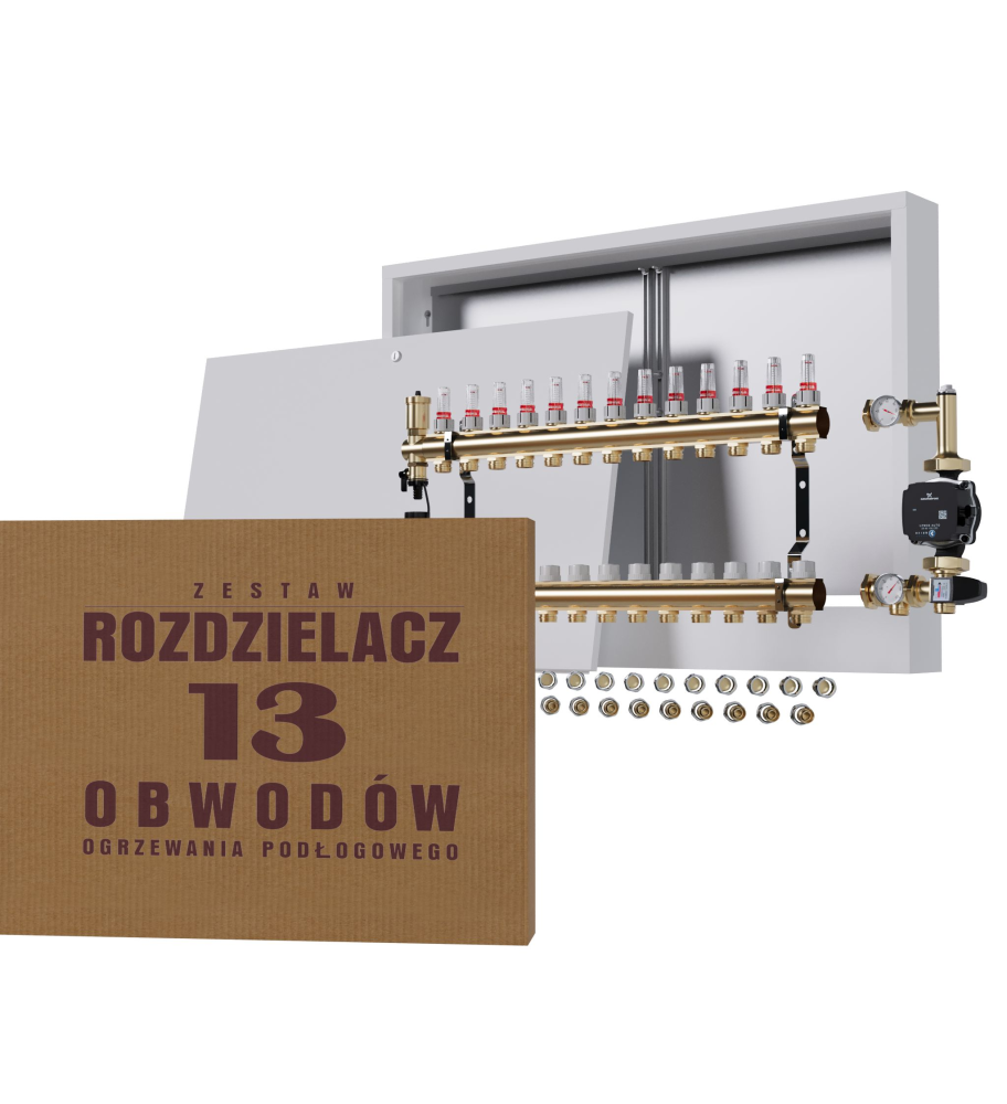 Rozdzielacz nierdzewny 13-obwodowy + Pompa GRUNDFOS + złączki + Skrzynka Natynkowa - Wysyłka24h