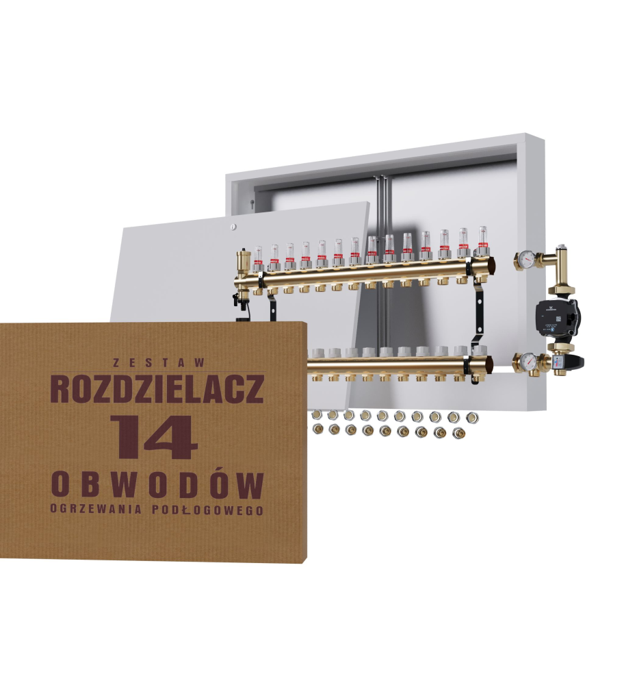 Rozdzielacz nierdzewny 14-obwodowy + Pompa GRUNDFOS + złączki + Skrzynka Natynkowa - Wysyłka24h