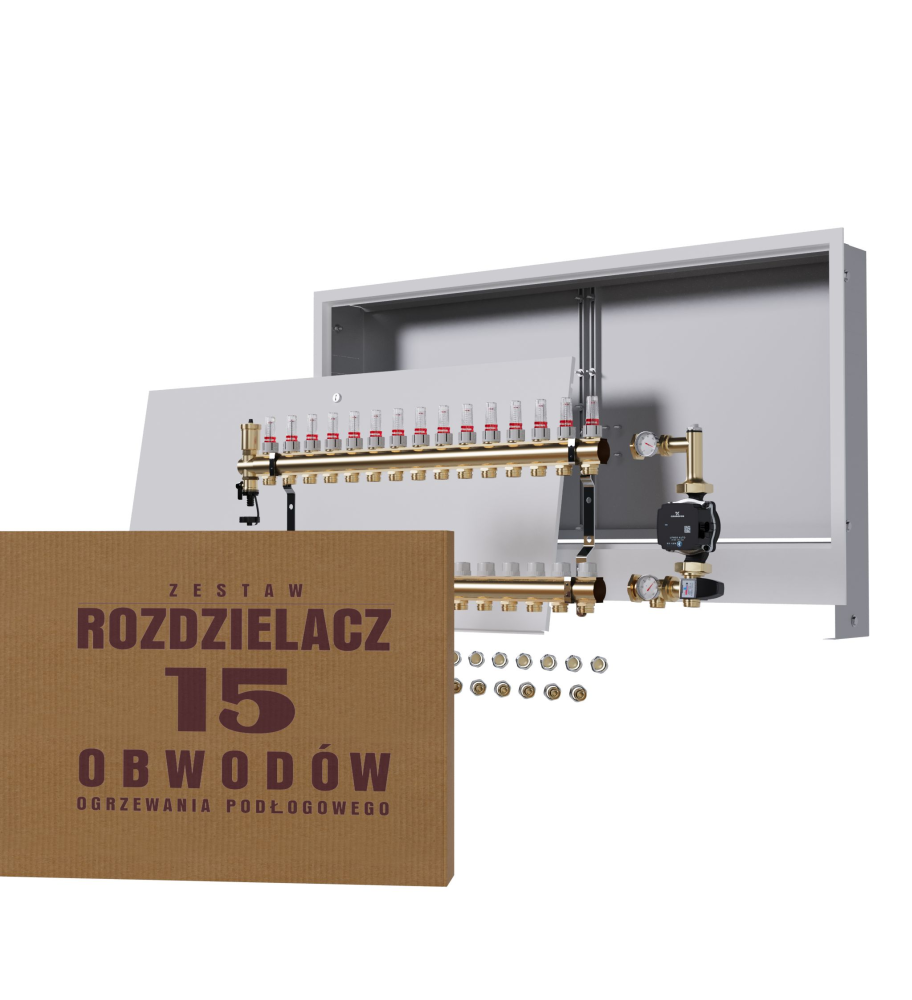 Rozdzielacz nierdzewny 15-obwodowy + Pompa GRUNDFOS + złączki + Skrzynka Natynkowa - Wysyłka24h