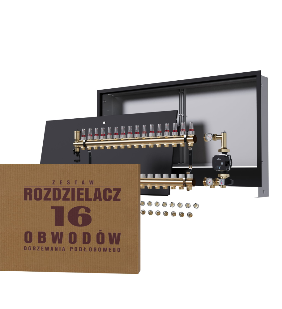 Rozdzielacz nierdzewny 16-obwodowy + Pompa GRUNDFOS + złączki + Skrzynka Natynkowa - Wysyłka24h